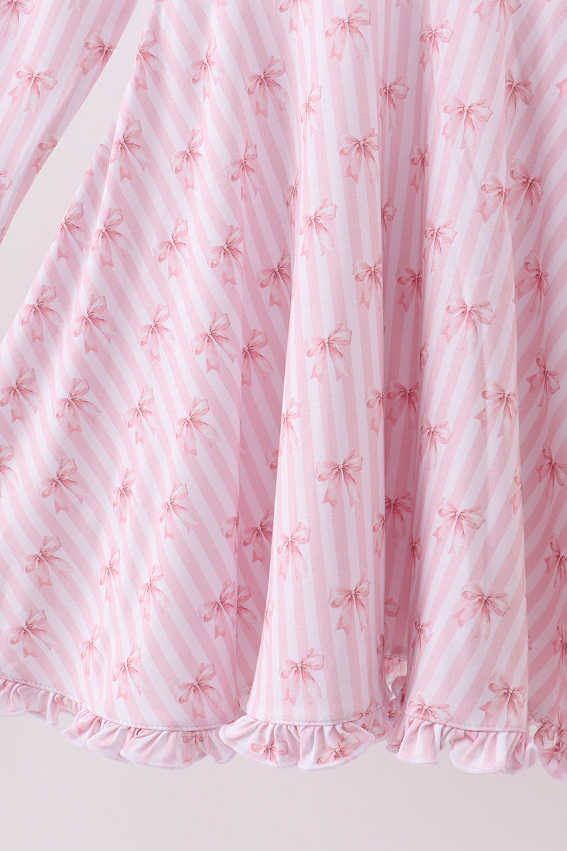 Premium Blush Bow Stripe Print Ruffle Bamboo Dress