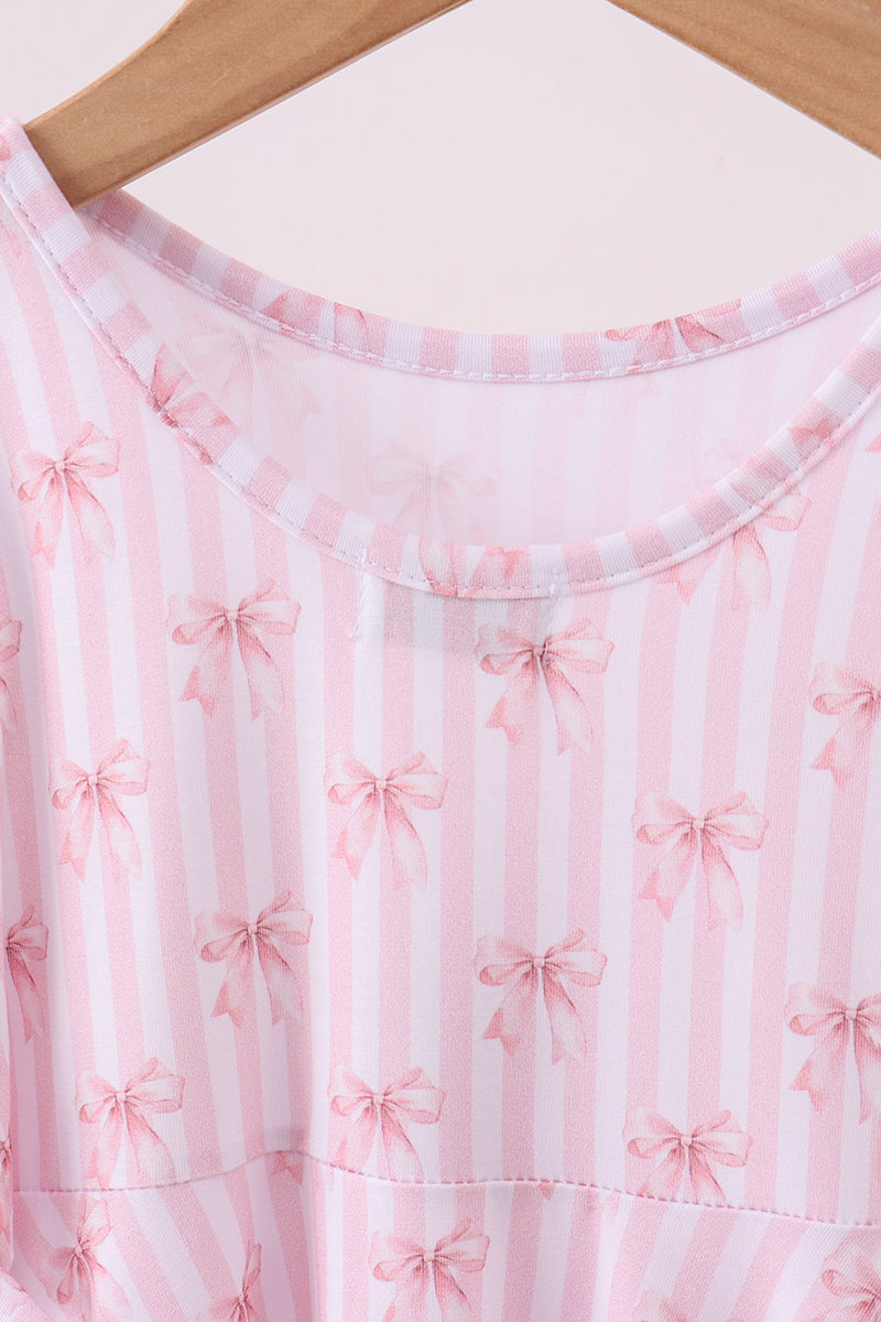 Premium Blush Bow Stripe Print Ruffle Bamboo Dress