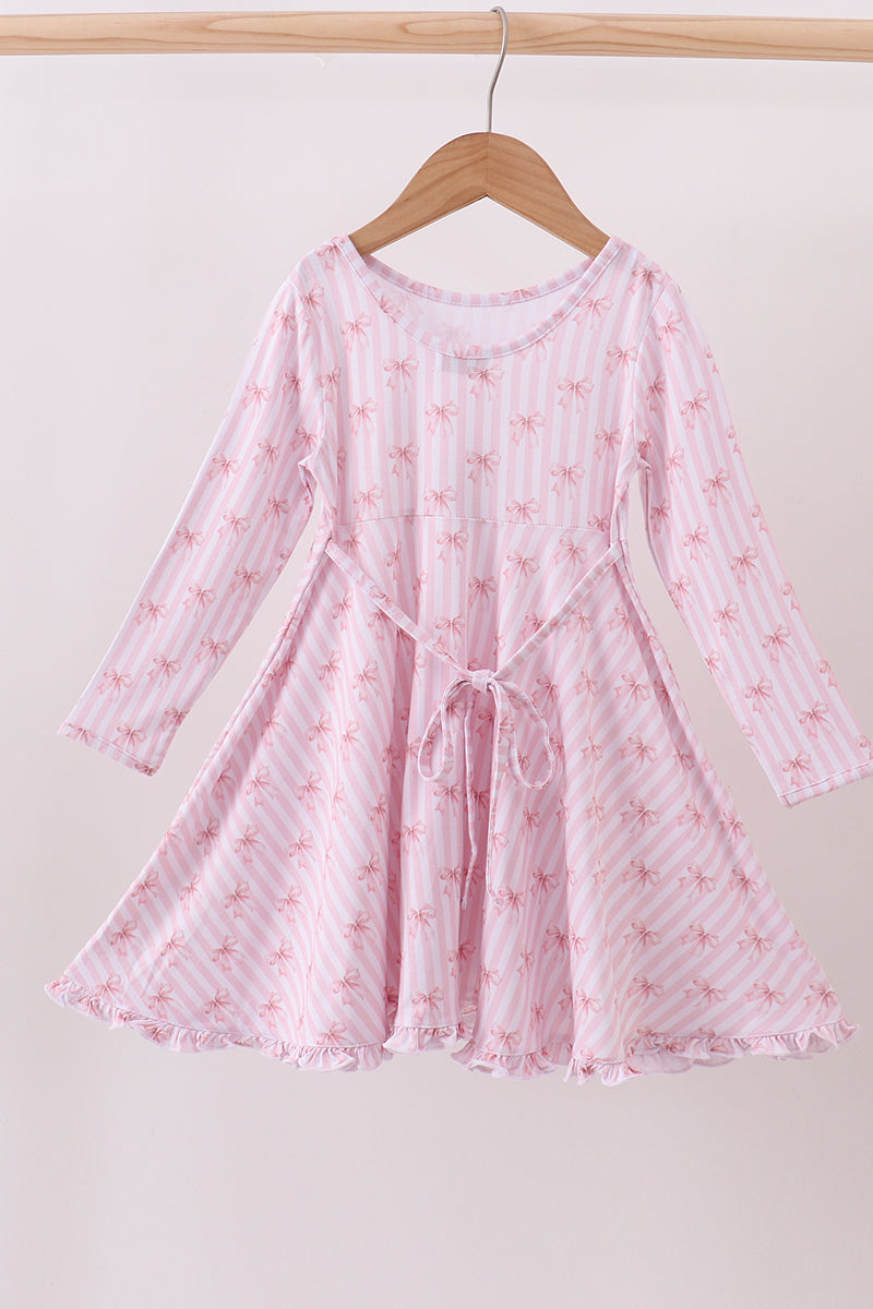 Premium Blush Bow Stripe Print Ruffle Bamboo Dress