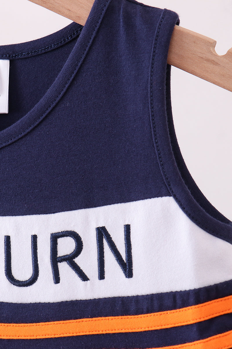 Premium Navy Auburn Embroidery Ruffle Dress