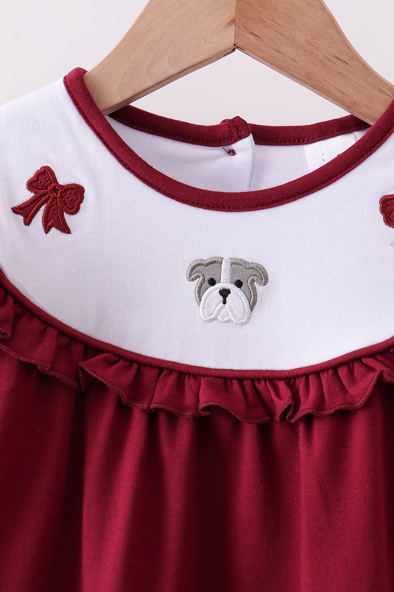 Premium Maroon Georgia Bulldog Bow Embroidery Ruffle Pants Set