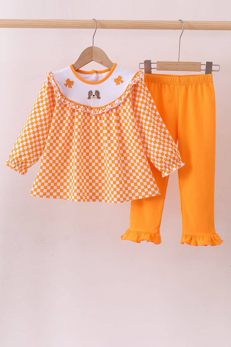 Orange Tennessee Puppy Bow Embroidery Checkered Ruffle Pants Set