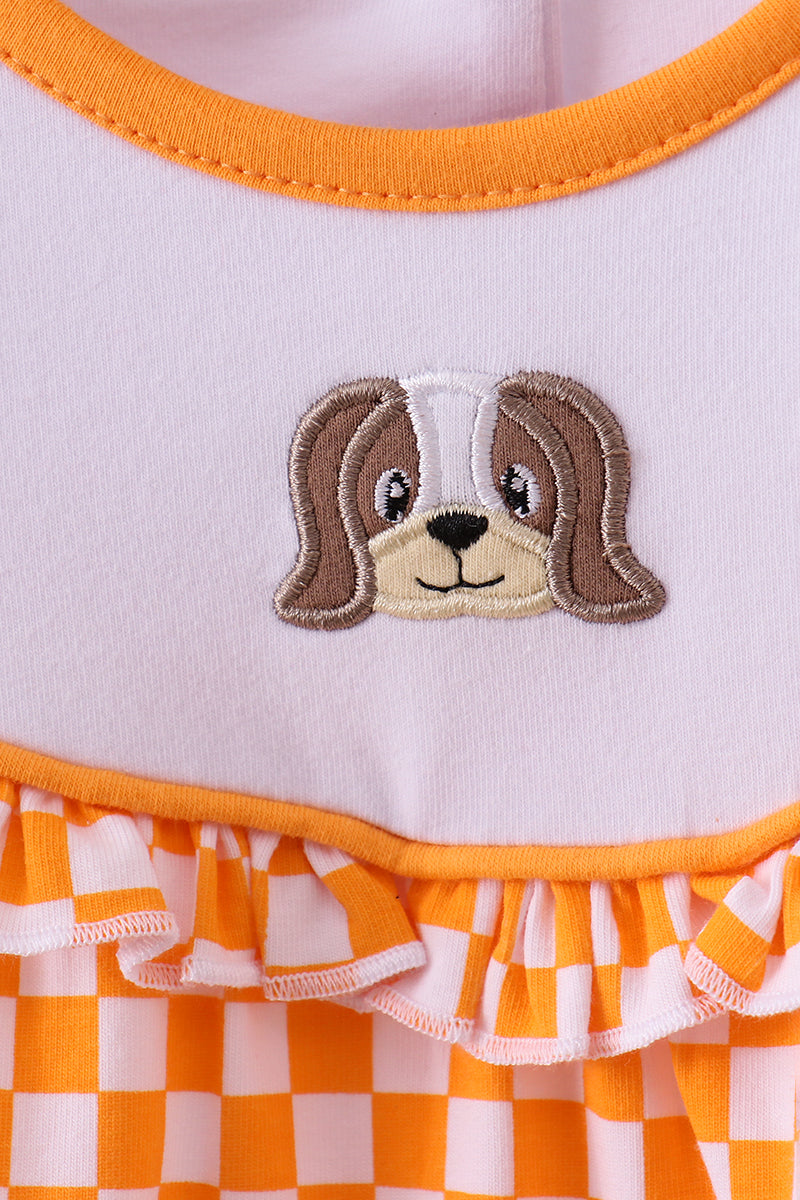 Orange Tennessee Puppy Bow Embroidery Checkered Ruffle Pants Set