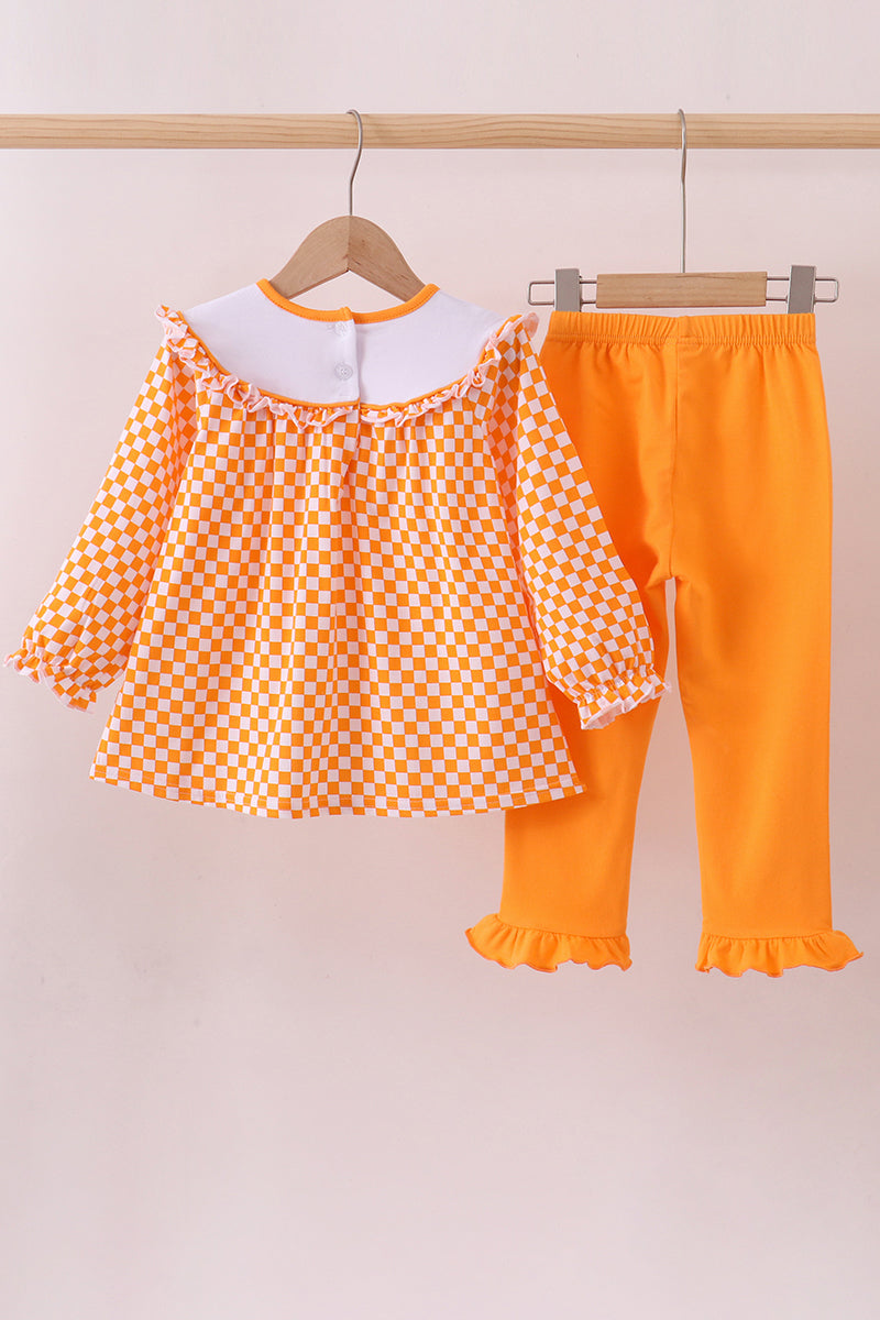 Orange Tennessee Puppy Bow Embroidery Checkered Ruffle Pants Set