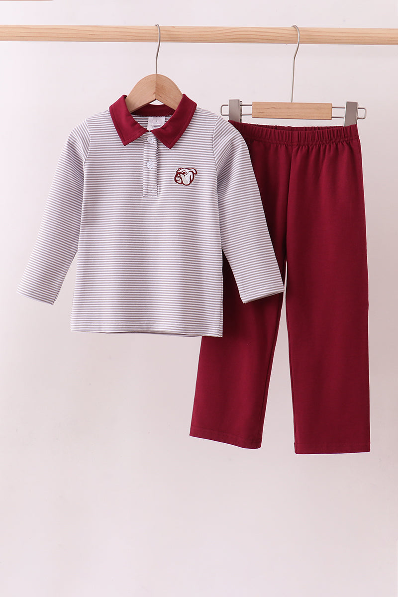 Premium Maroon Mississippi Stripe Bulldog Embroidery Pants Set
