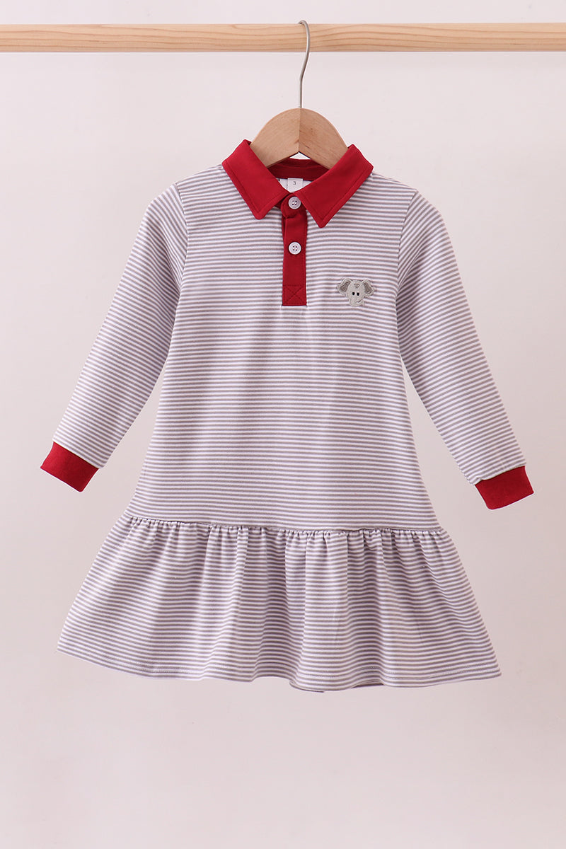 Premium Gray Alabama Stripe Elephant Embroidery Dress