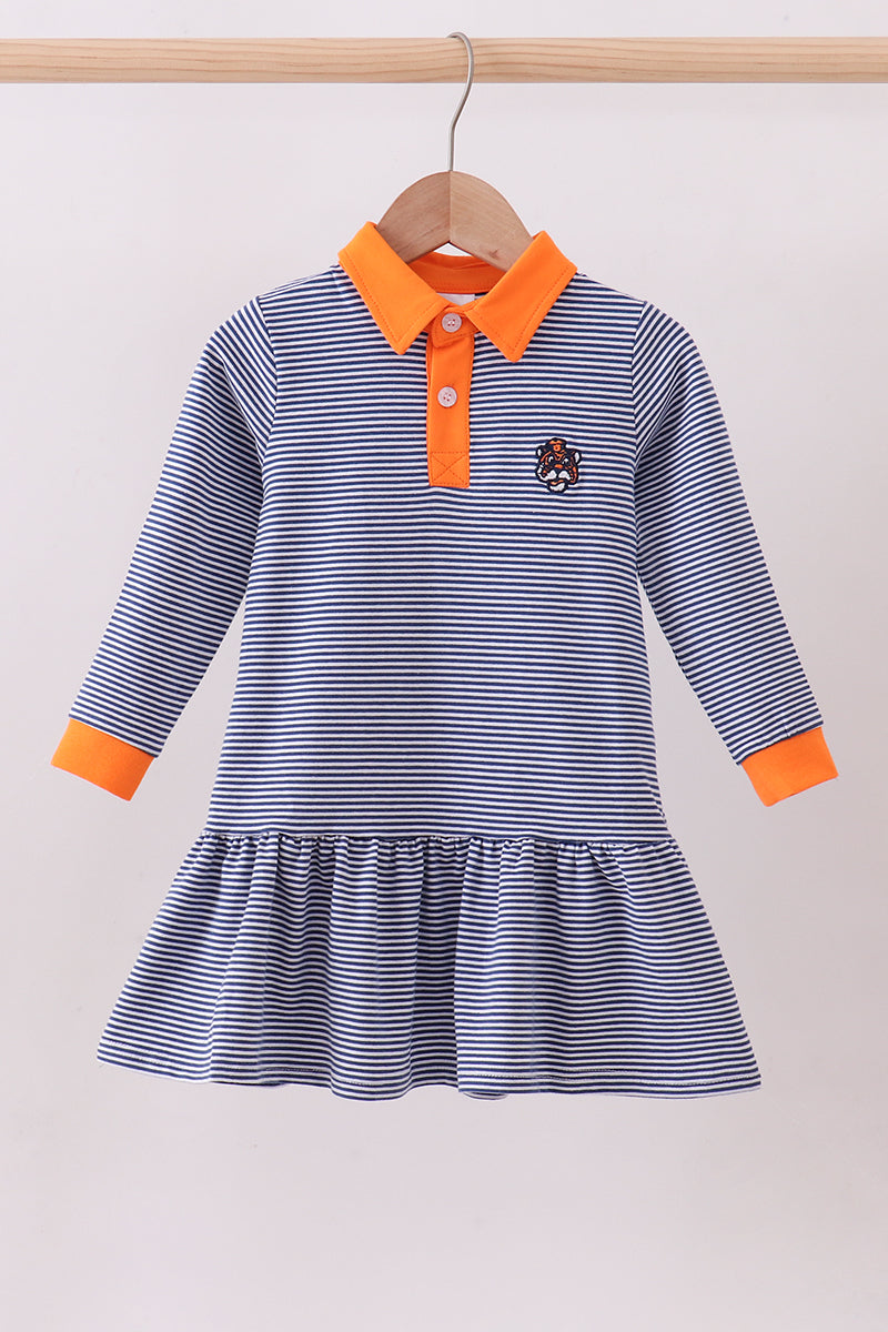 Premium Blue Auburn Stripe Tiger Embroidery Dress