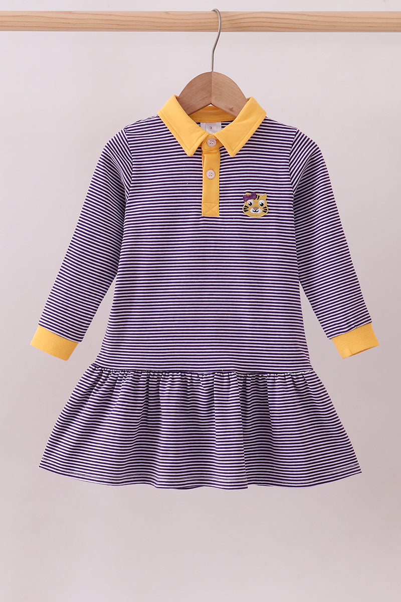 Premium Purple Lsu Stripe Tiger Embroidery Dress