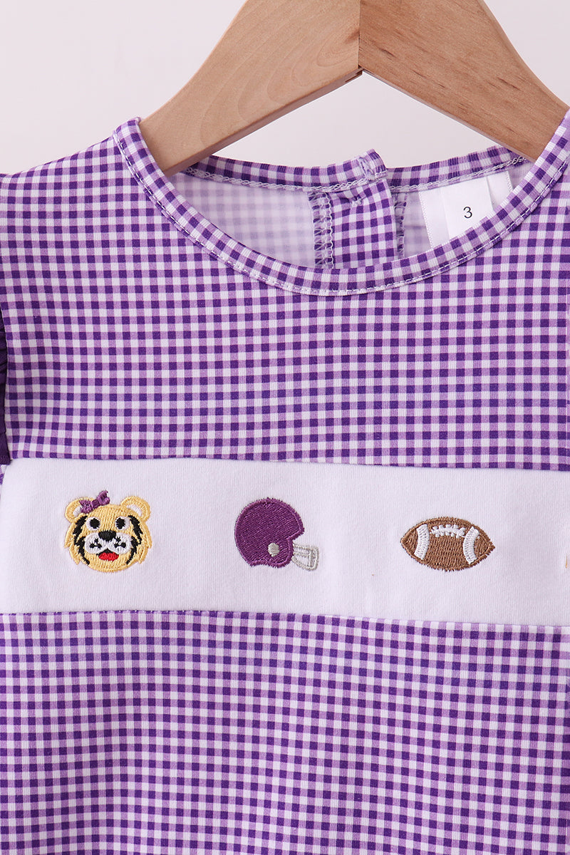 Premium Purple Lsu Tiger Football Embroideyr Gingham Ruffle Pants Set