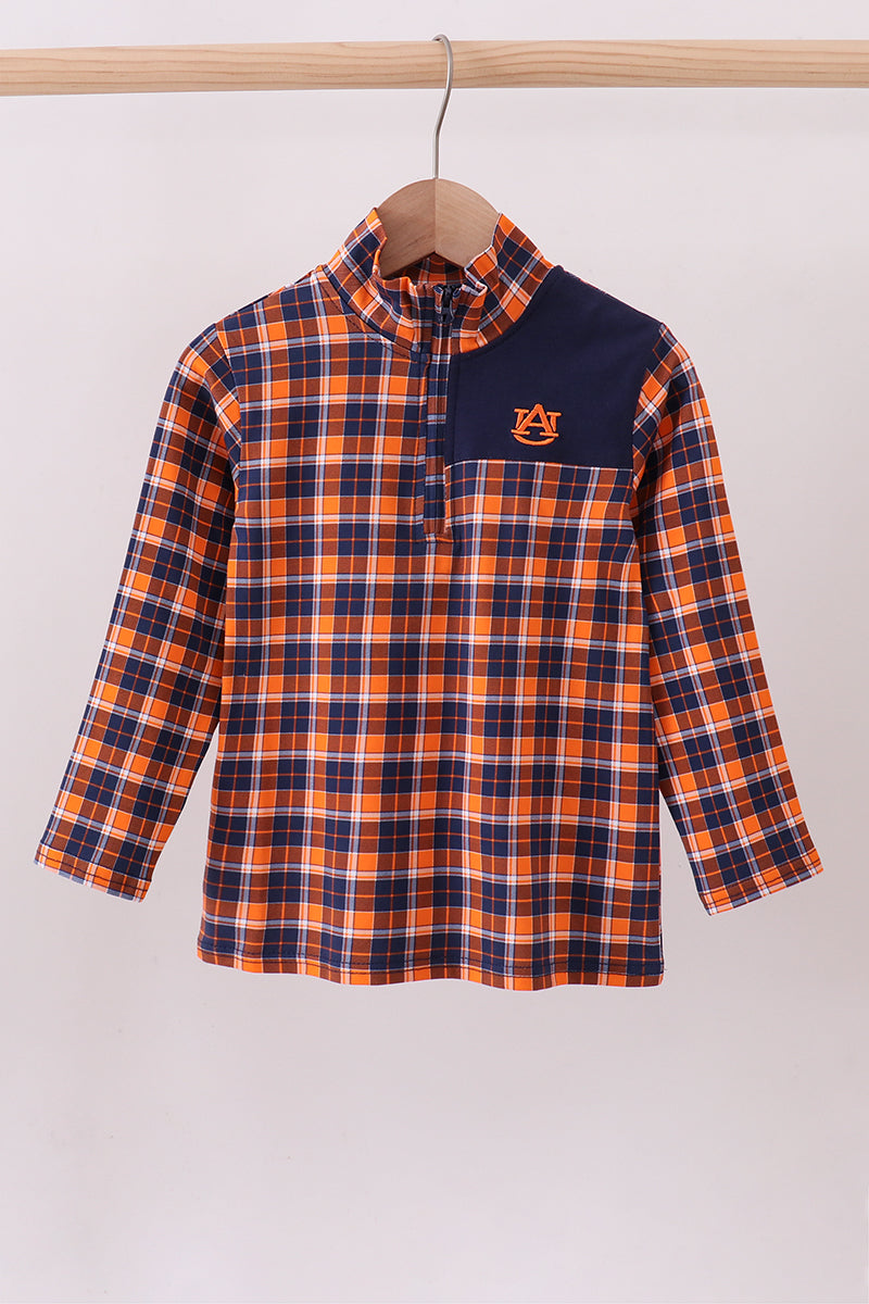 Premium Navy Auburn Embroidery Plaid Top