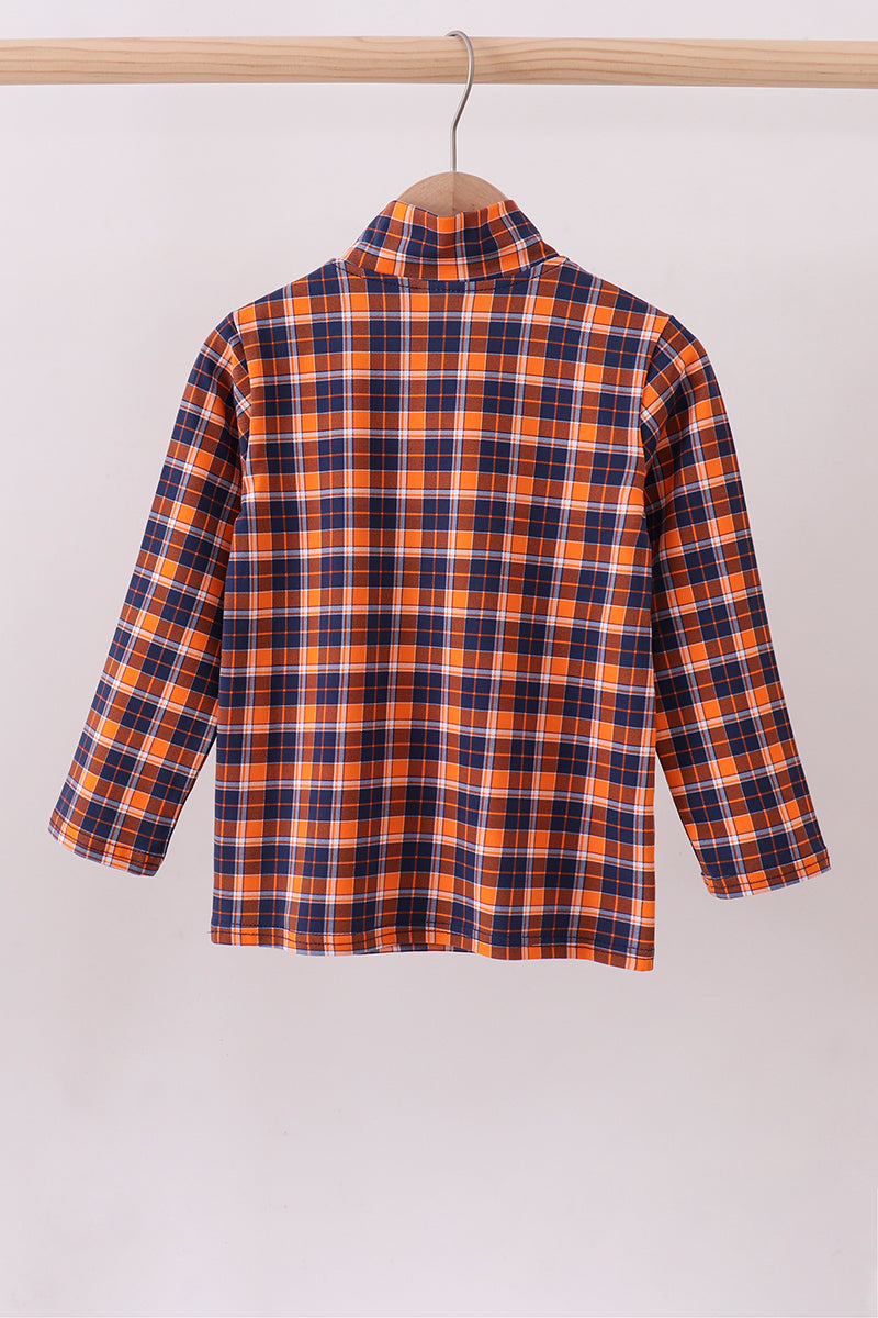 Premium Navy Auburn Embroidery Plaid Top