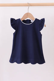 Navy Flutter Sleeve Scalloped Top
