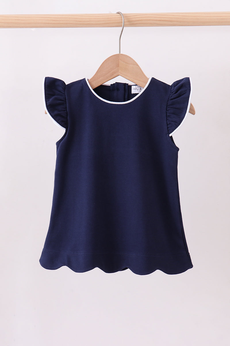 Navy Flutter Sleeve Scalloped Top
