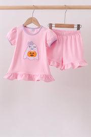 Pink Ghost Pumpkin Embroidery Ruffle Shorts Set