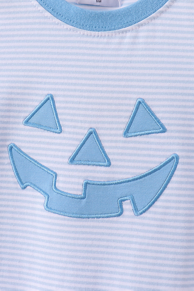 Blue Stripe Smirk Face Applique Romper