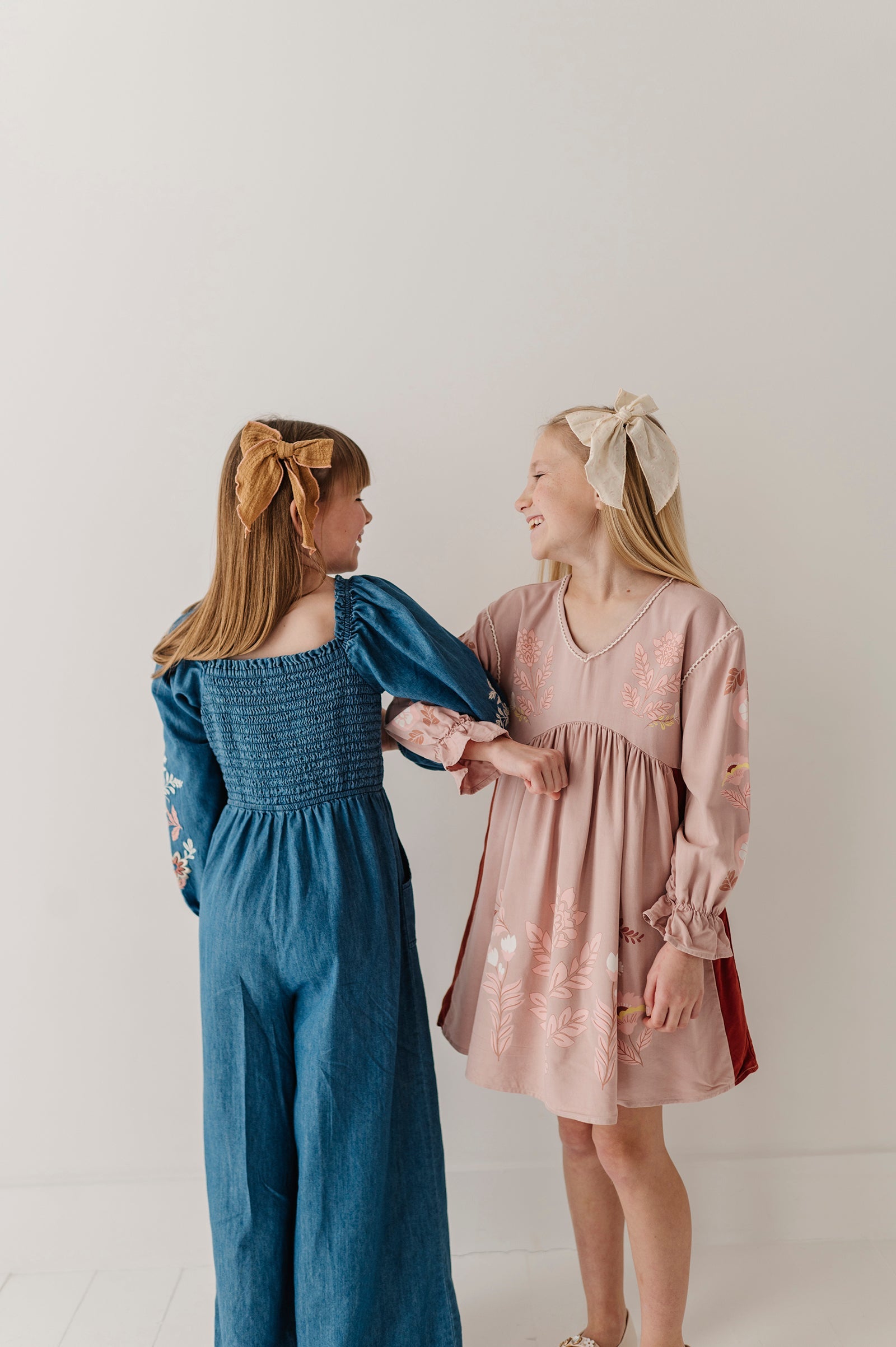 Girls Smocked Embroidery Jumpsuit In Chambray Embroidery