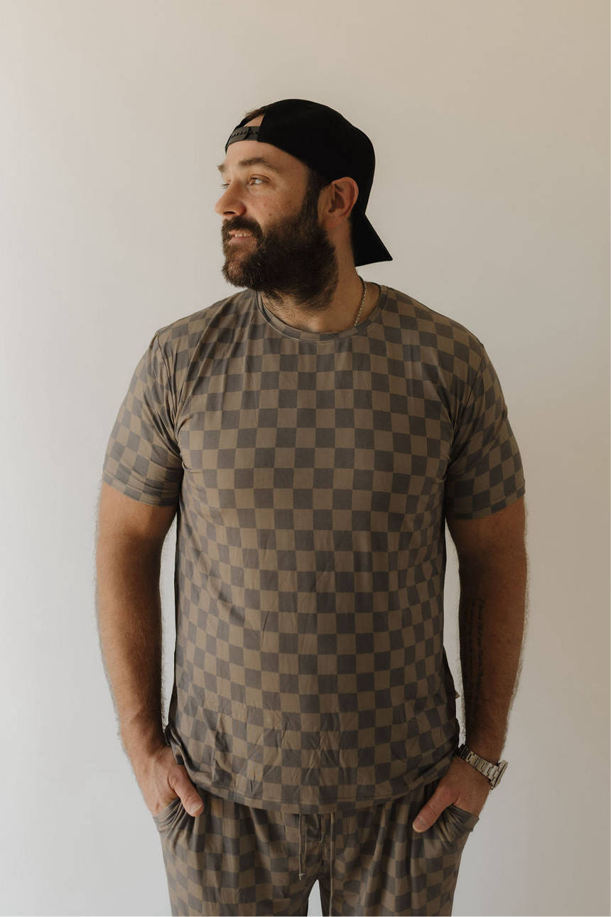Men's Bamboo Short Sleeve Pajama | Faded Brown Checkerboard
