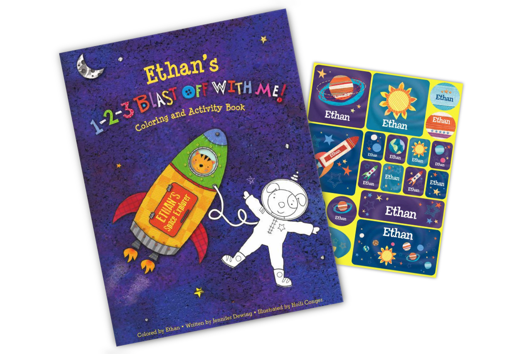 1-2-3 Blast Off With Me Personalized Coloring Book and Sticker Gift Set