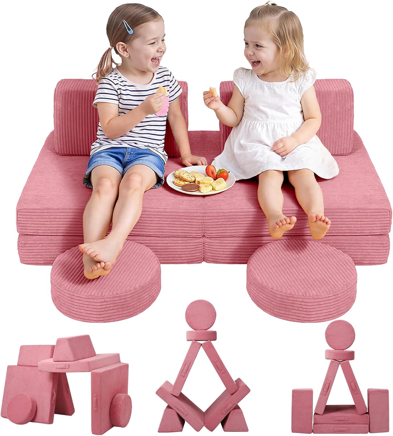 10-piece Modular Play Couch, Pink Corduroy
