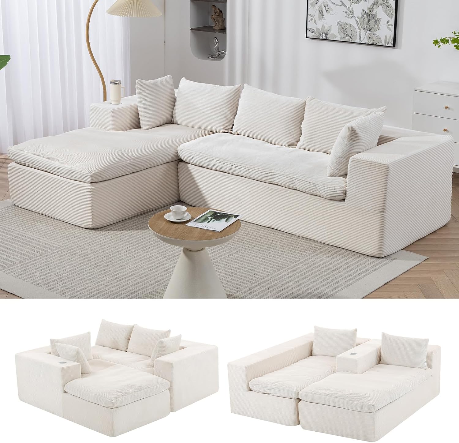 Beige Corduroy Cloud Sectional Sofa, 107" L-shape