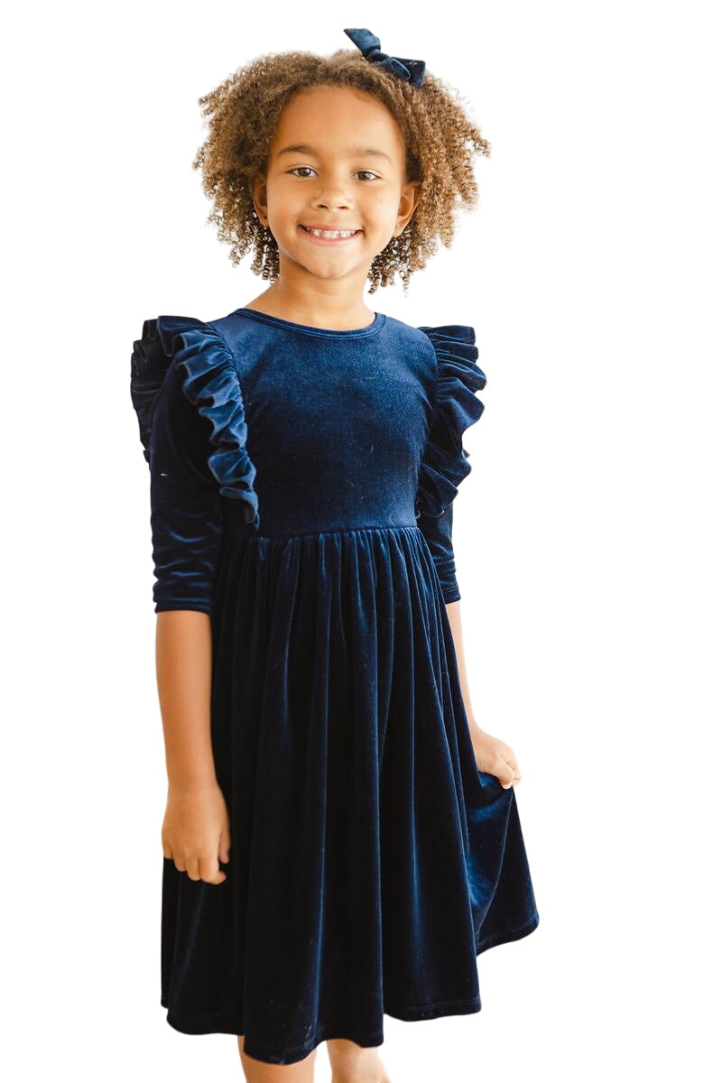 Navy Velvet Ruffle Twirl Dress