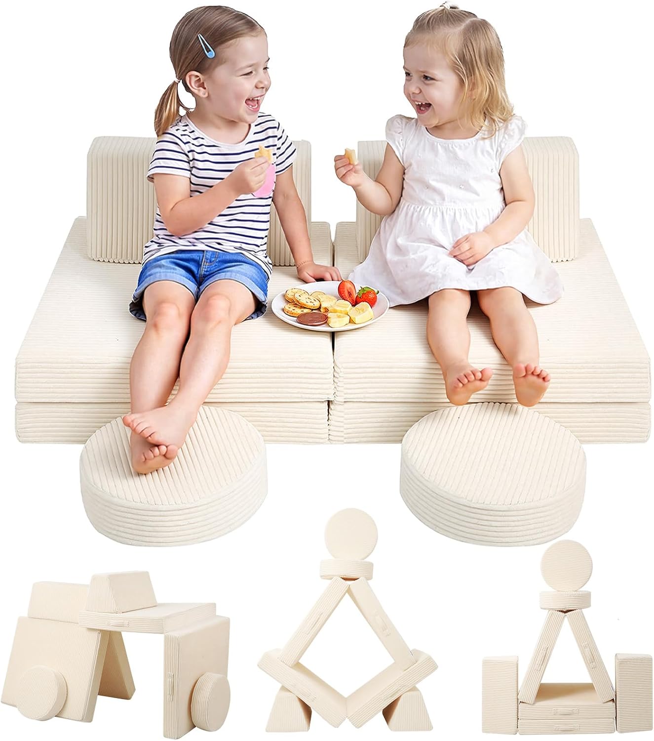 10-piece Modular Play Couch, Pink Corduroy
