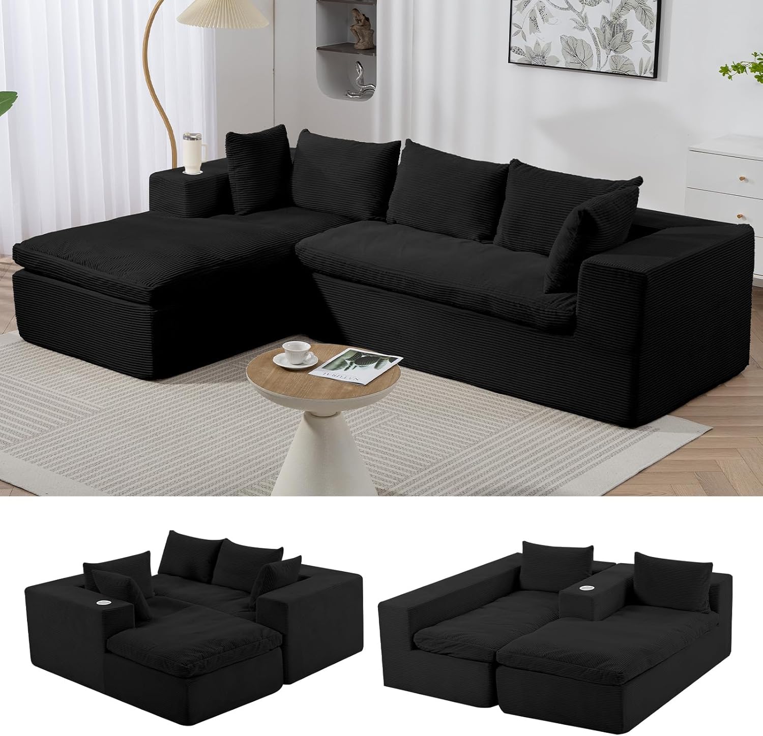 Black Corduroy Cloud Sectional Sofa, 107" L-shape