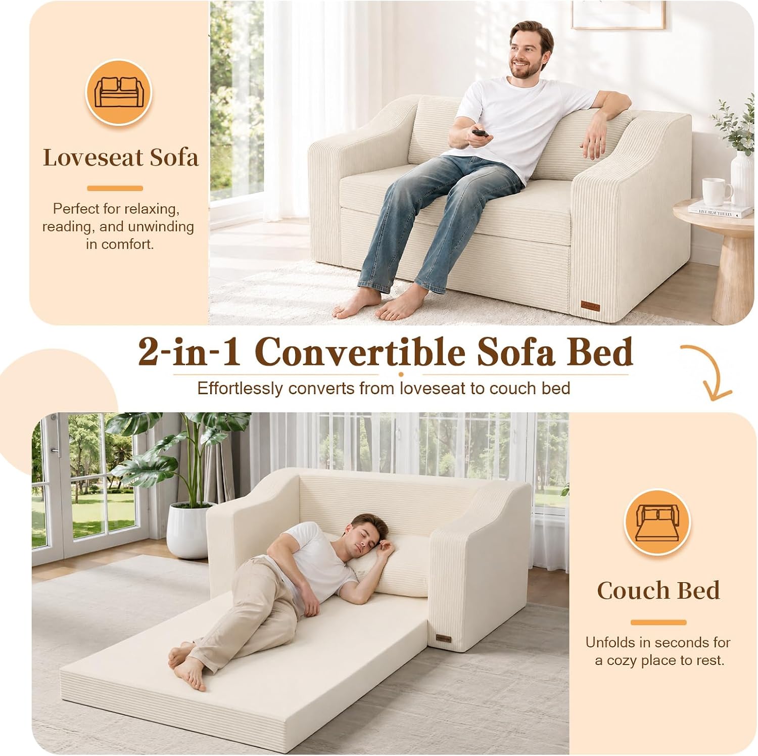 Boneless Loveseat Sleeper Sofa Bed, Pull Out Corduroy