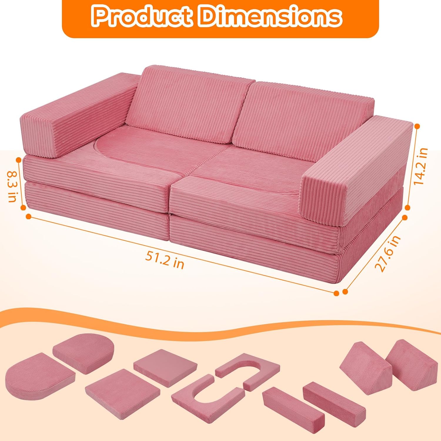 10-piece Modular Play Couch, Pink Corduroy