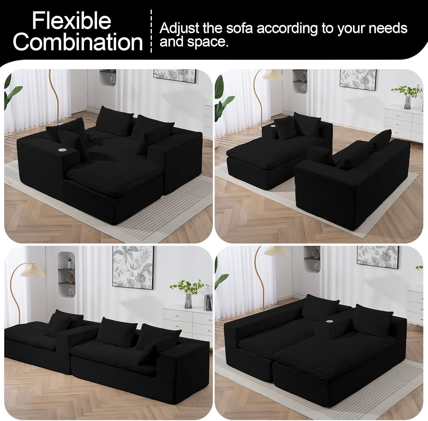 Black Corduroy Cloud Sectional Sofa, 107" L-shape