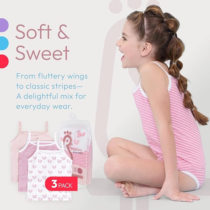 Feathers Butterfly + Stripe Super Soft Girls Undershirts Tagless Camisoles – Cotton Cami Girls Tank Tops (3 Pack)