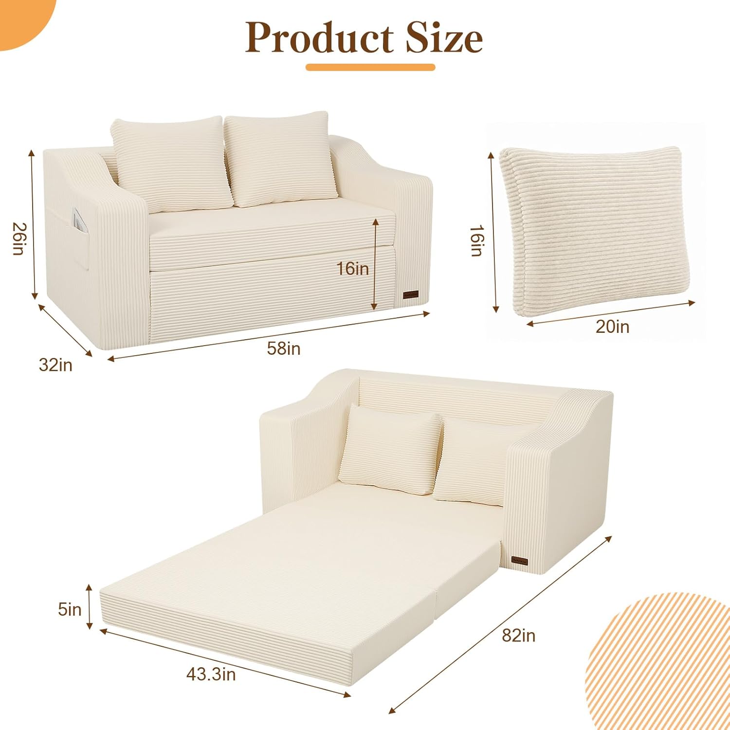 Boneless Loveseat Sleeper Sofa Bed, Pull Out Corduroy