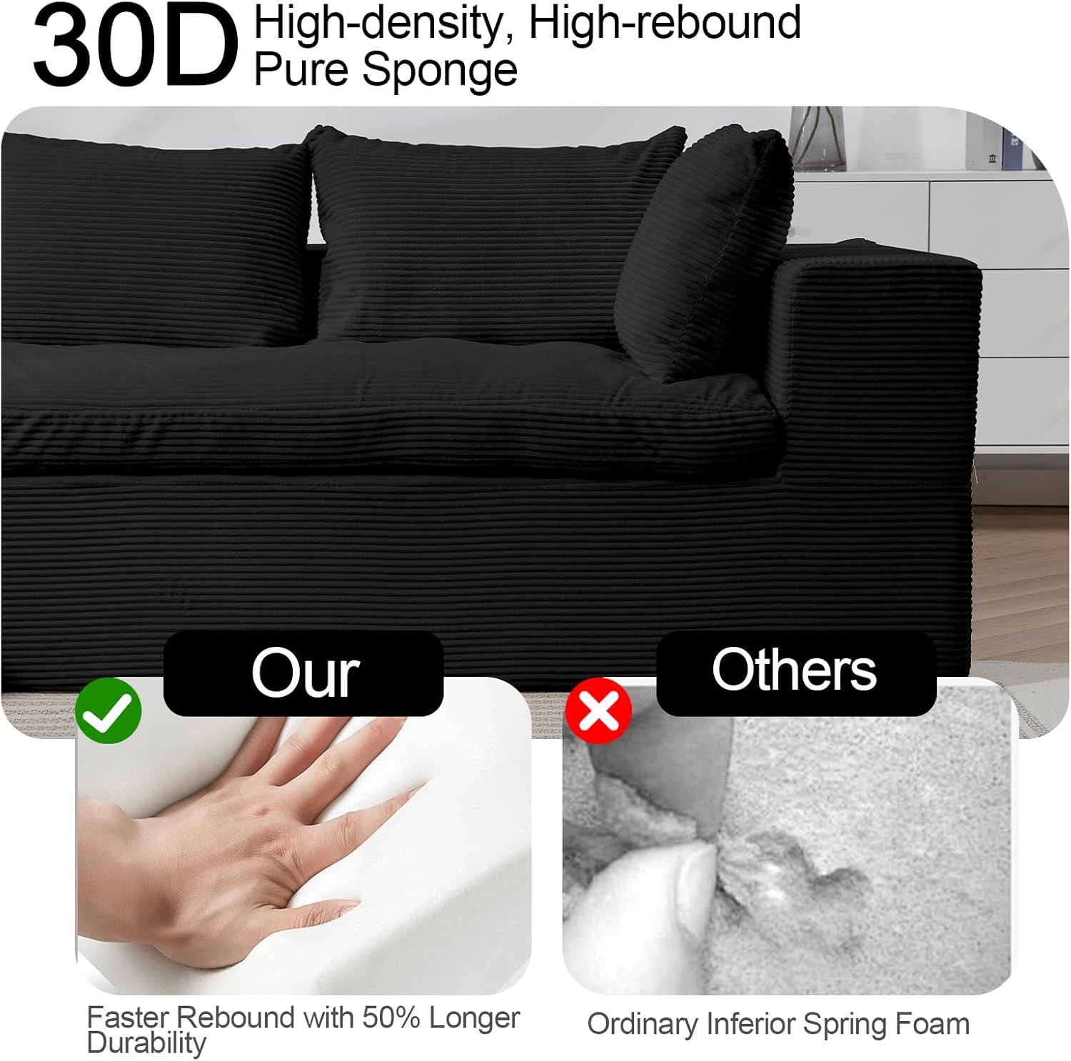 Black Corduroy Cloud Sectional Sofa, 107" L-shape