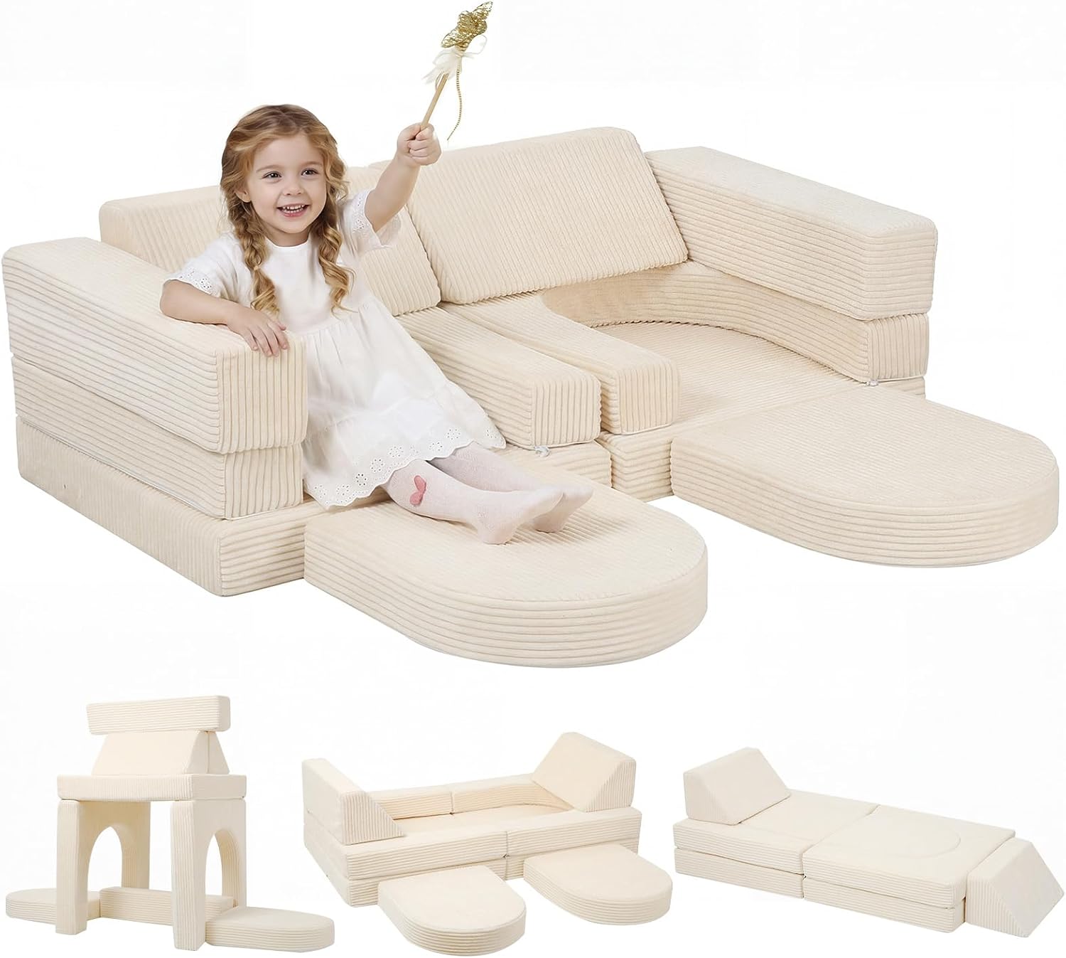 10-piece Modular Play Couch, Pink Corduroy