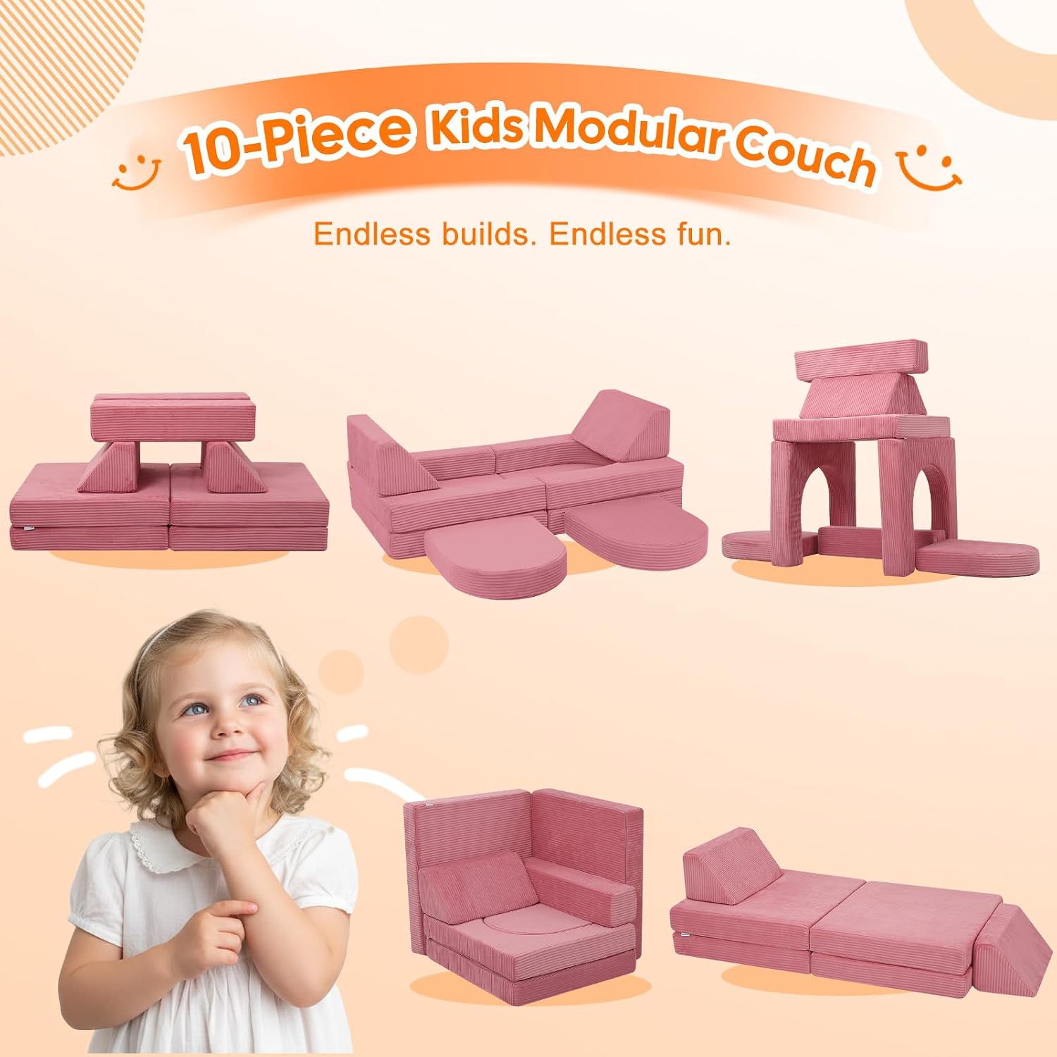 10-piece Modular Play Couch, Pink Corduroy