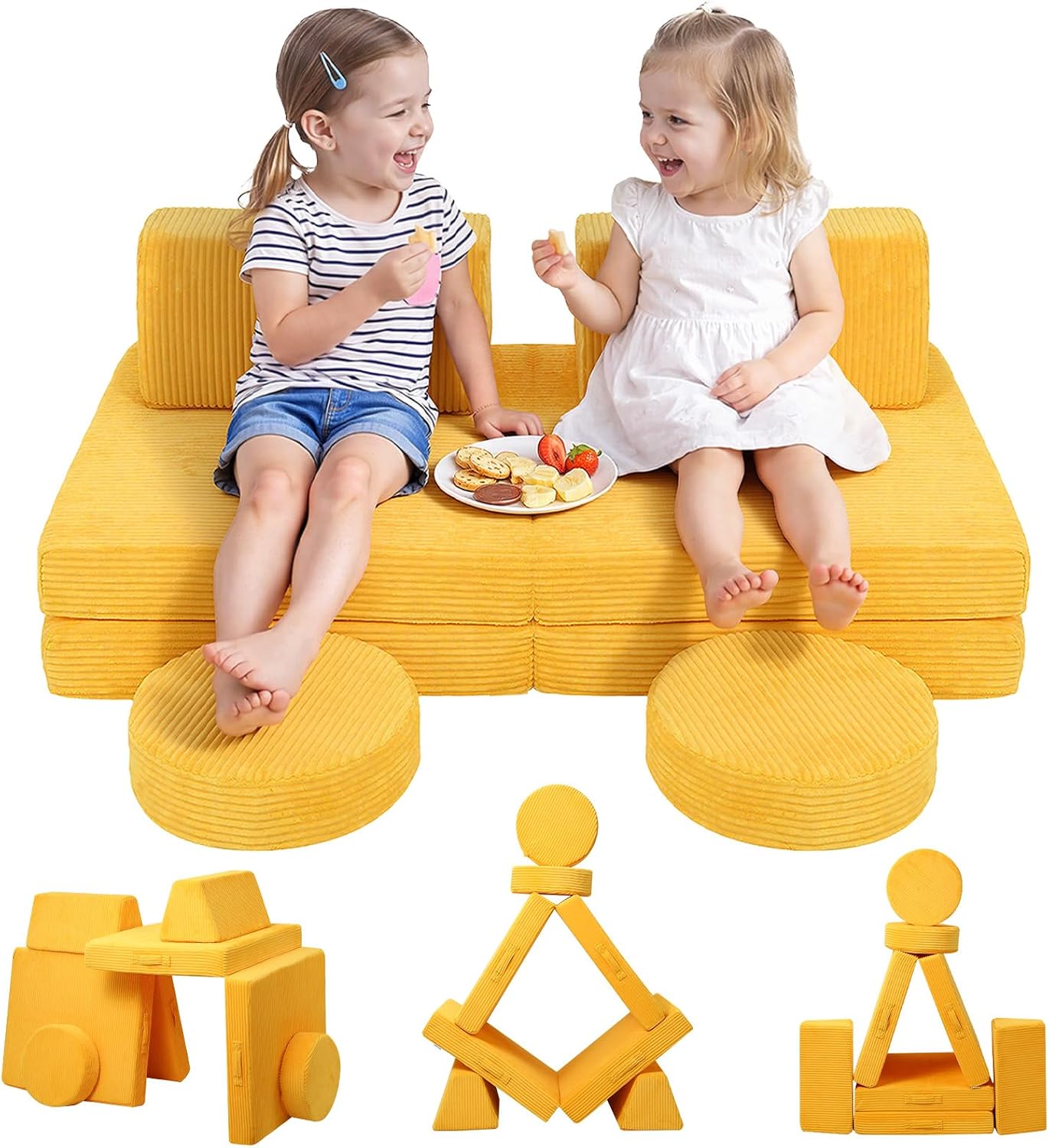 10-piece Modular Play Couch, Pink Corduroy