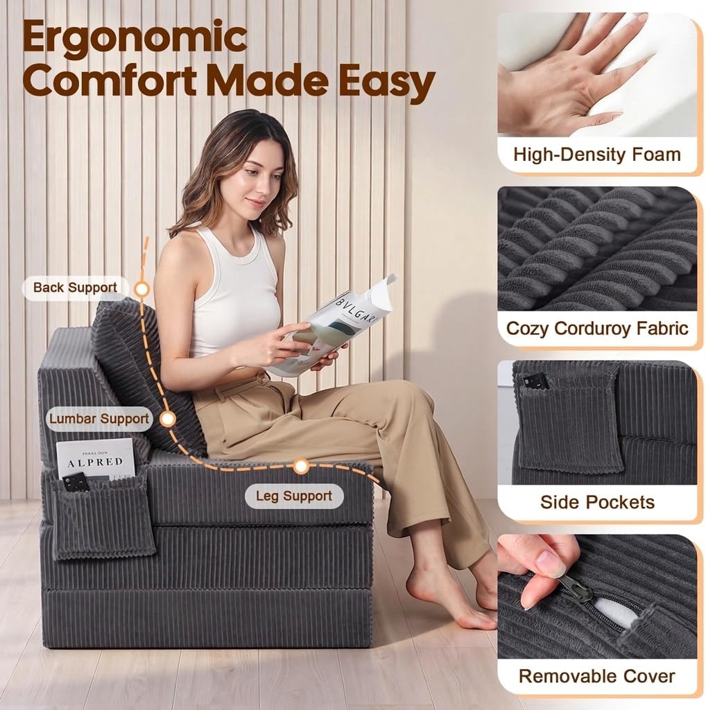 Folding Sleeper Chair Bed, 4-in-1 Boneless Futon