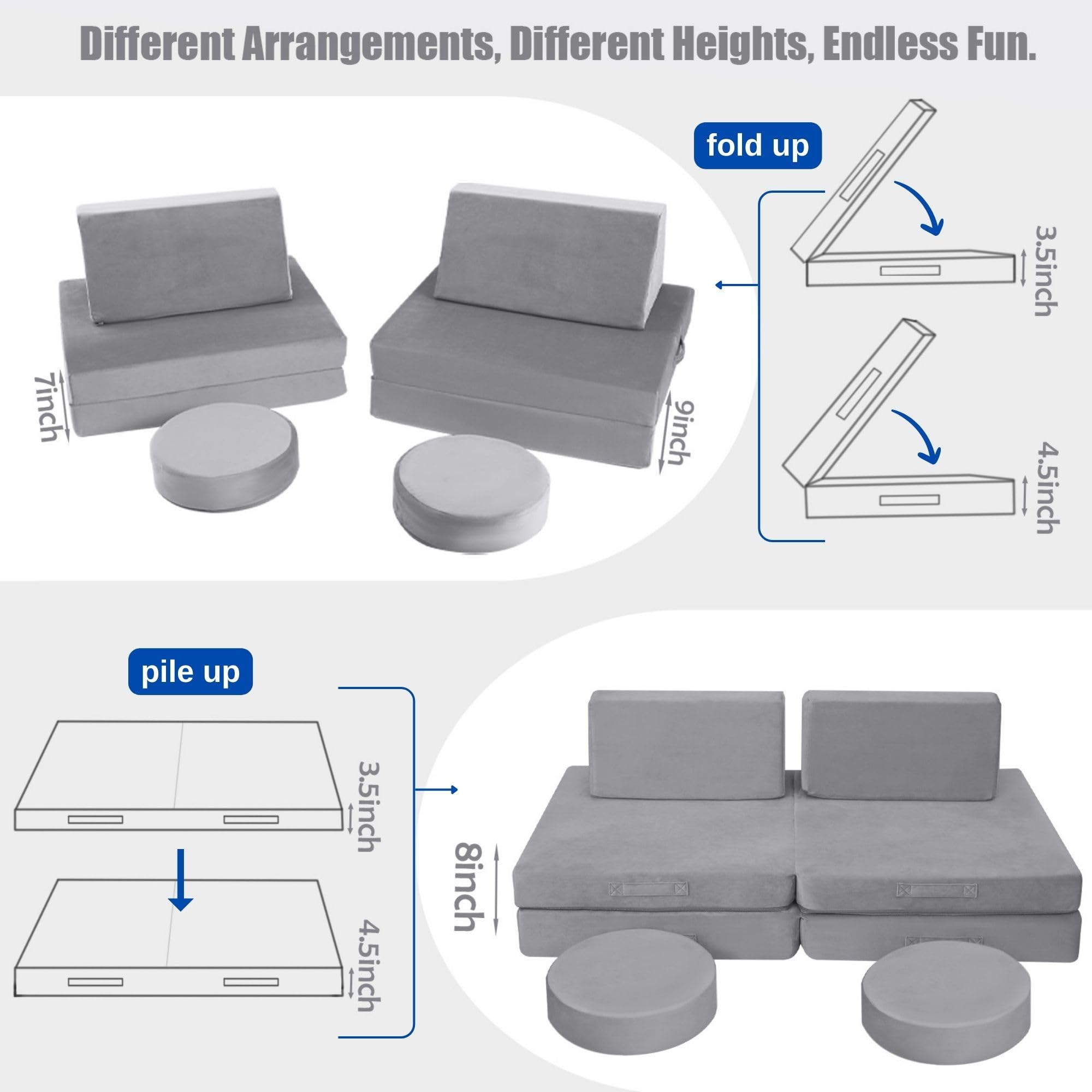 8-piece Kids Play Couch Solid Color