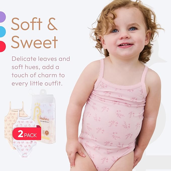 Feathers Leafy Style Tank Top Bodysuits Baby Girl Undershirts – Super Soft One-piece For Toddler (2 Pack)