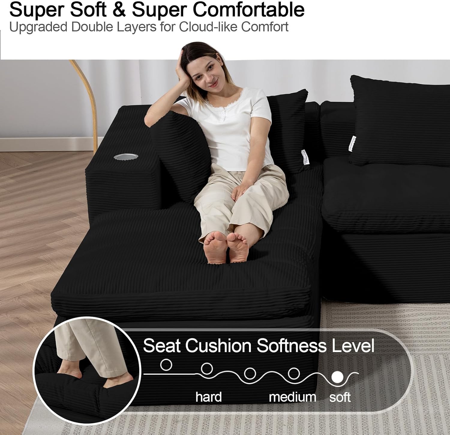 Black Corduroy Cloud Sectional Sofa, 107" L-shape