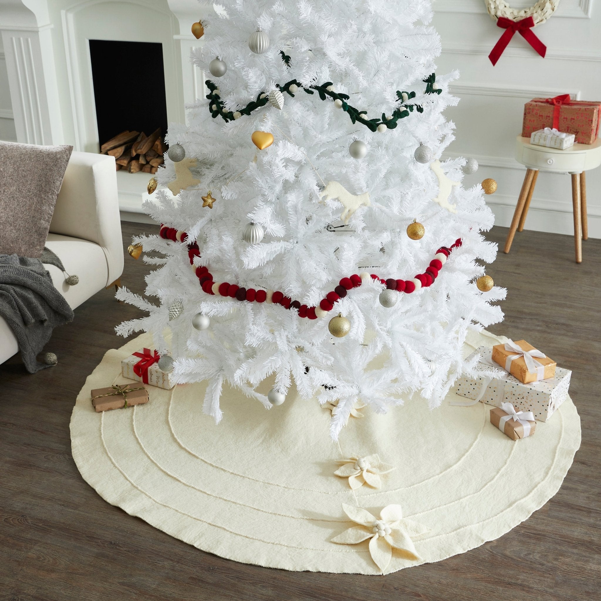 72"cream Poinsettia Buttons Christmas Tree Skirt In Hand Felted Wool