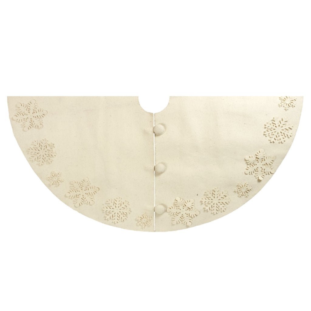 72" Handmade Christmas Tree Skirt In Felt - Tacked Snowflakes On Cream