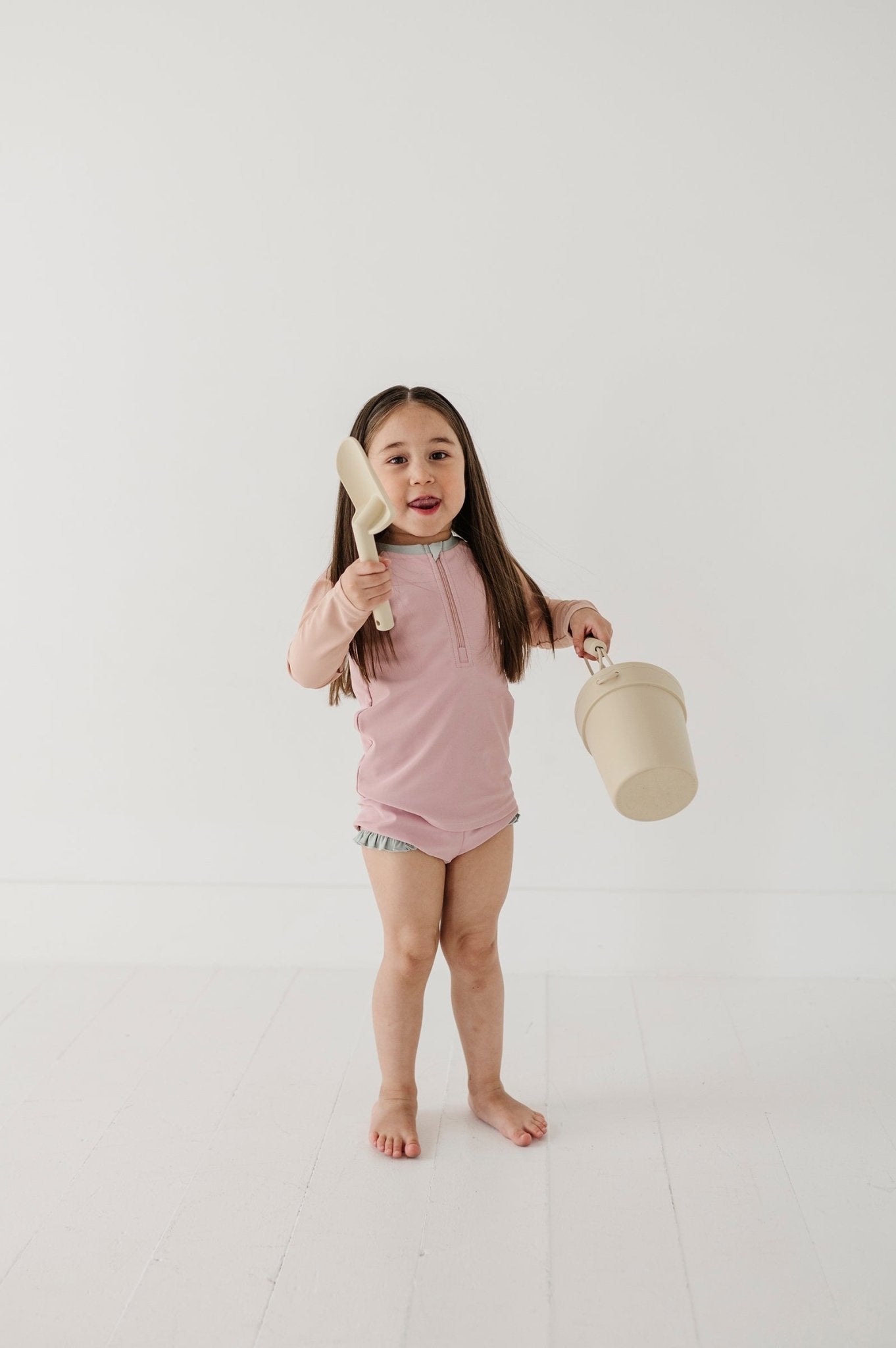 Girls Zip Rash Guard Two-piece Swimsuit In Mauve Colorblock