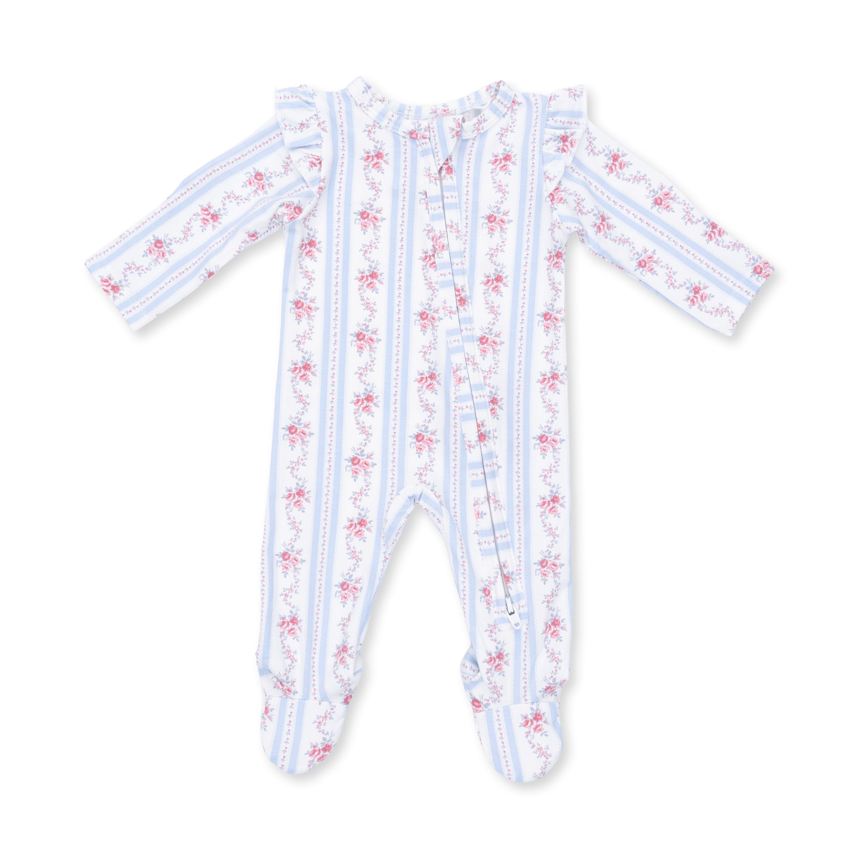 Anna Floral Stripe - 2 Way Ruffle Sleeve Zipper Footie