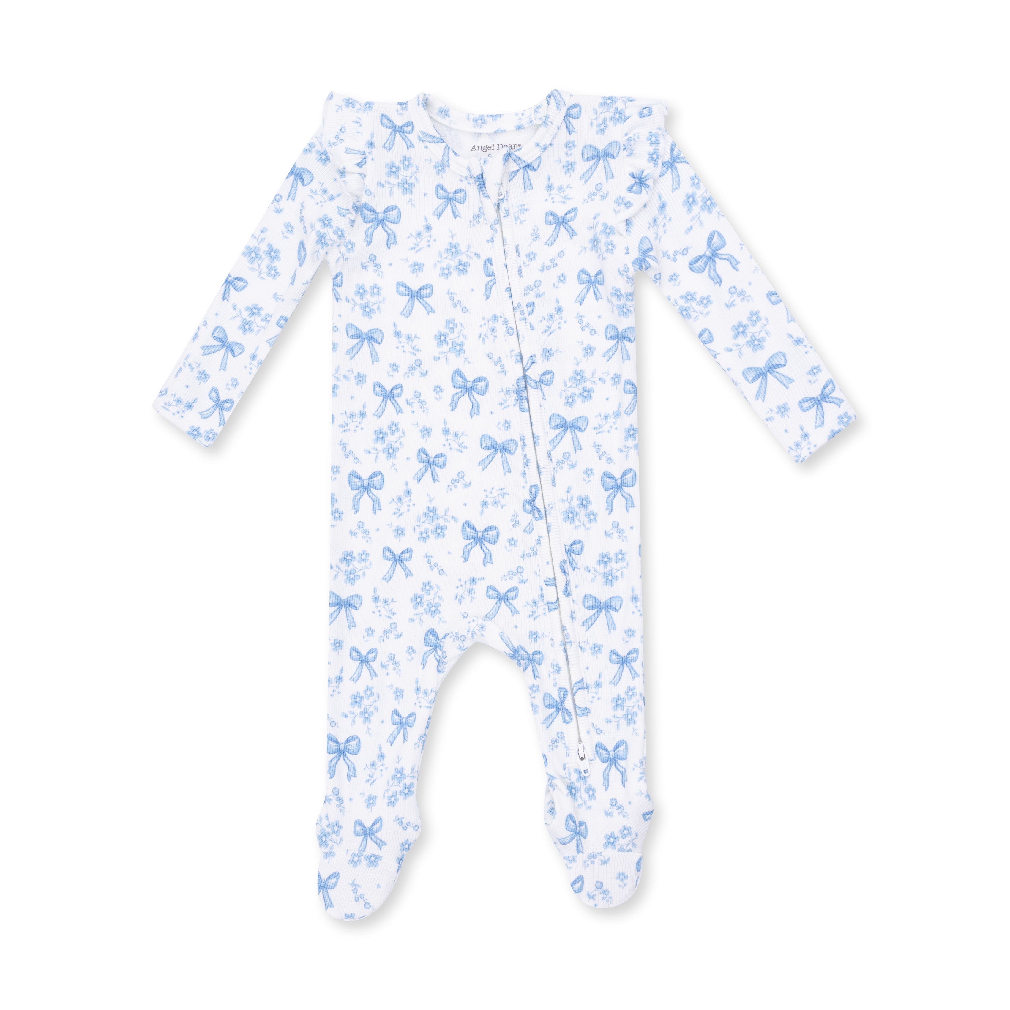 Blue Bows And Flowers - 2 Way Ruffle Sleeve Zipper Footie