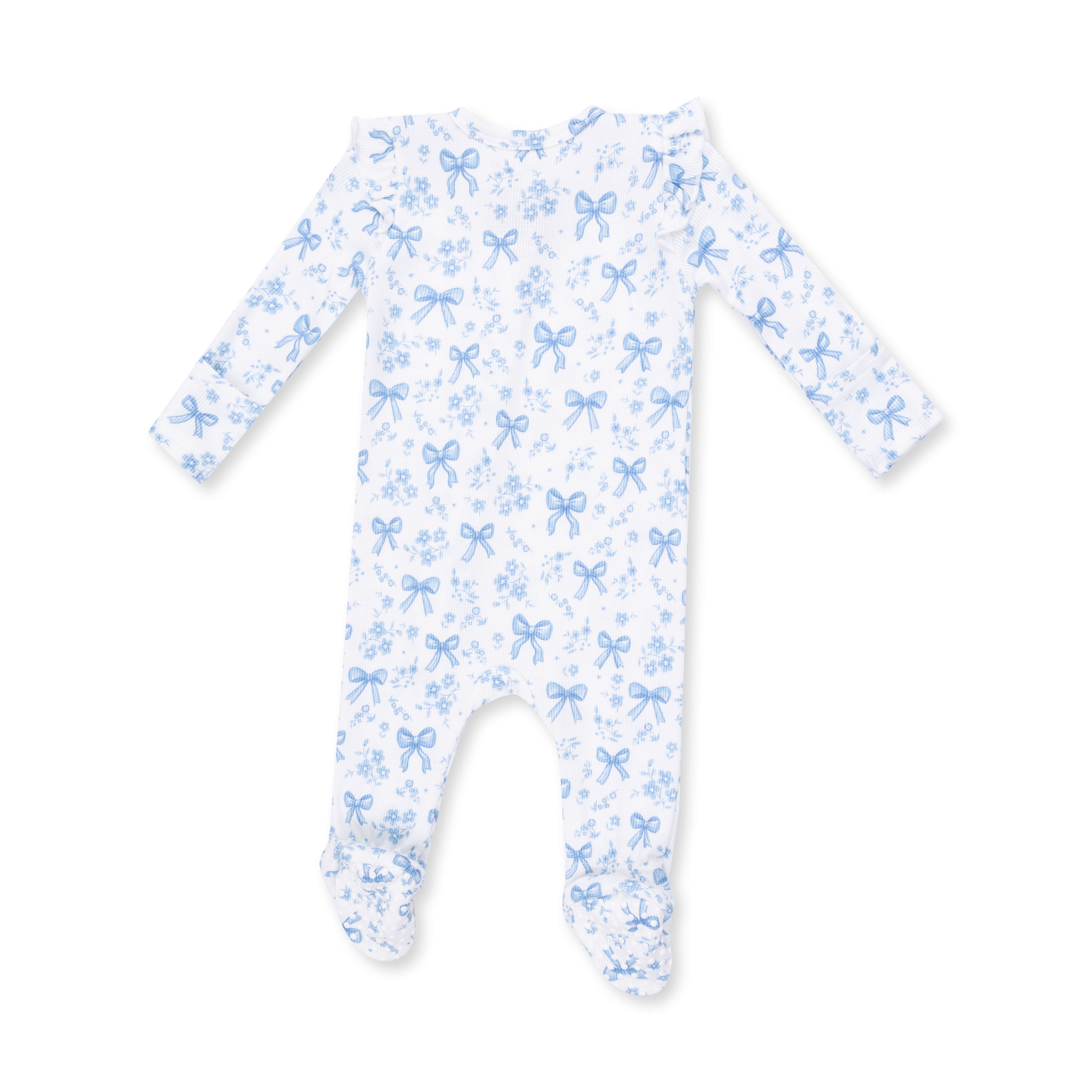 Blue Bows And Flowers - 2 Way Ruffle Sleeve Zipper Footie