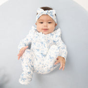 Blue Bows And Flowers - 2 Way Ruffle Sleeve Zipper Footie