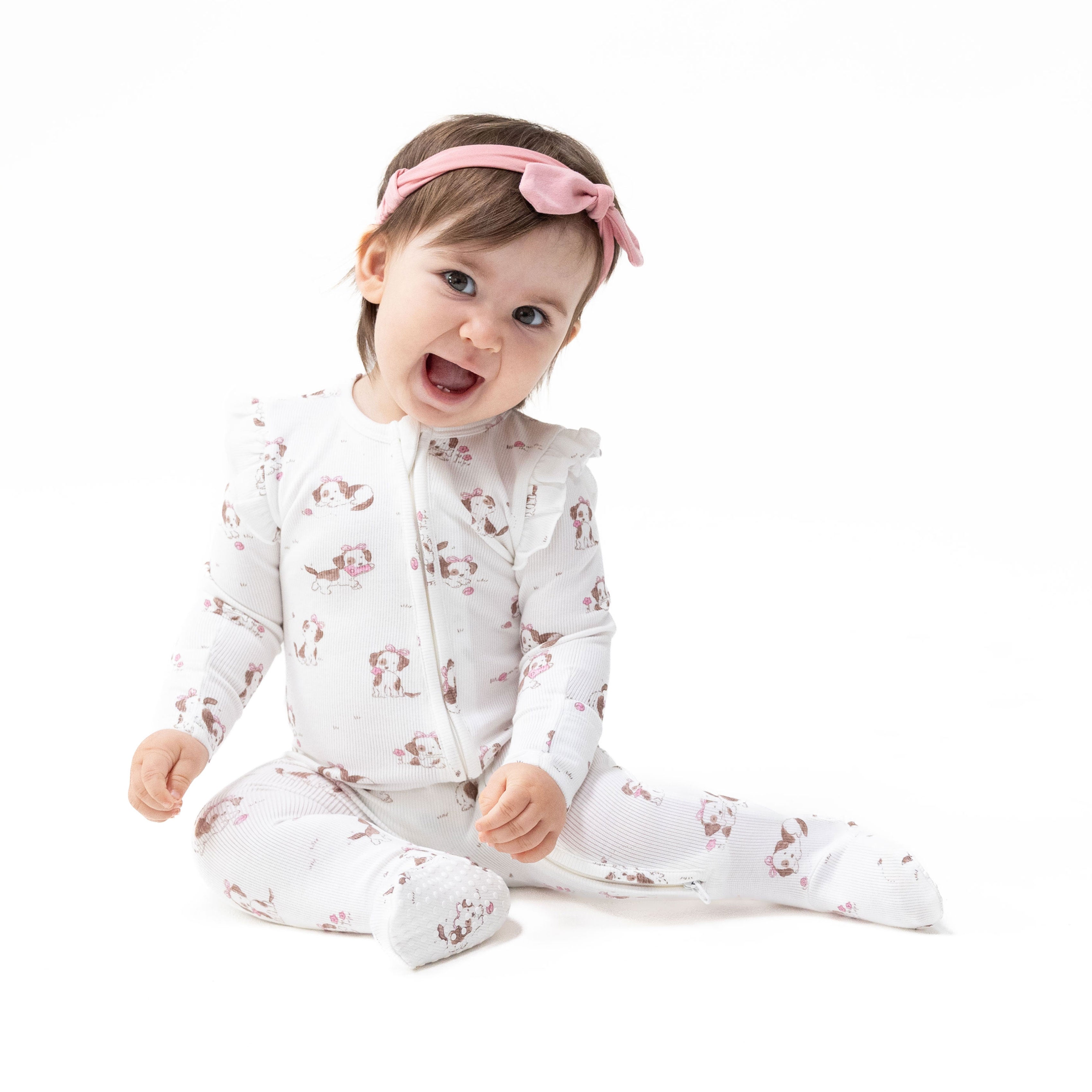 Explorer Puppy Pink - 2 Way Ruffle Sleeve Zipper Footie