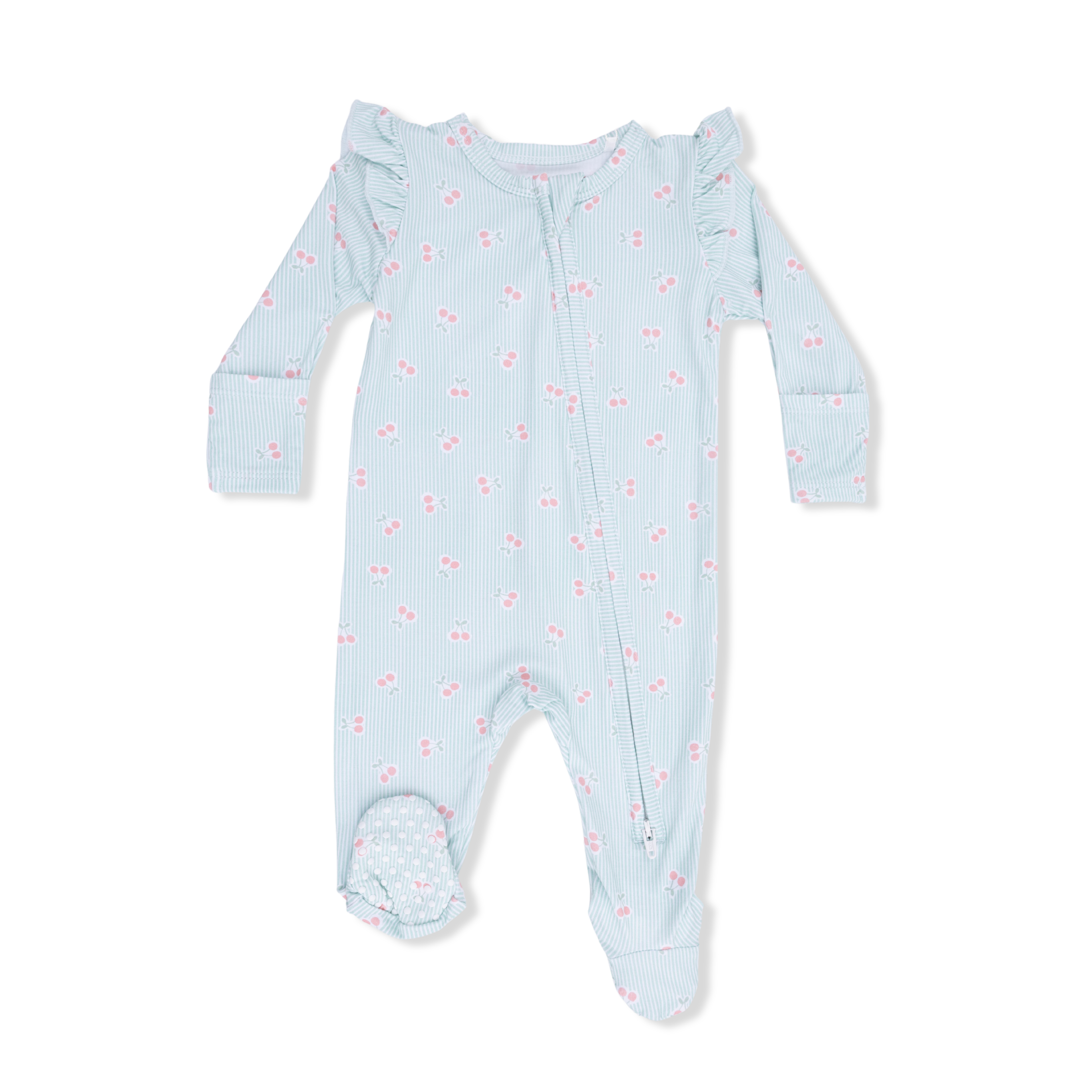 Tiny Cherry Stripe - 2 Way Ruffle Sleeve Zipper Footie