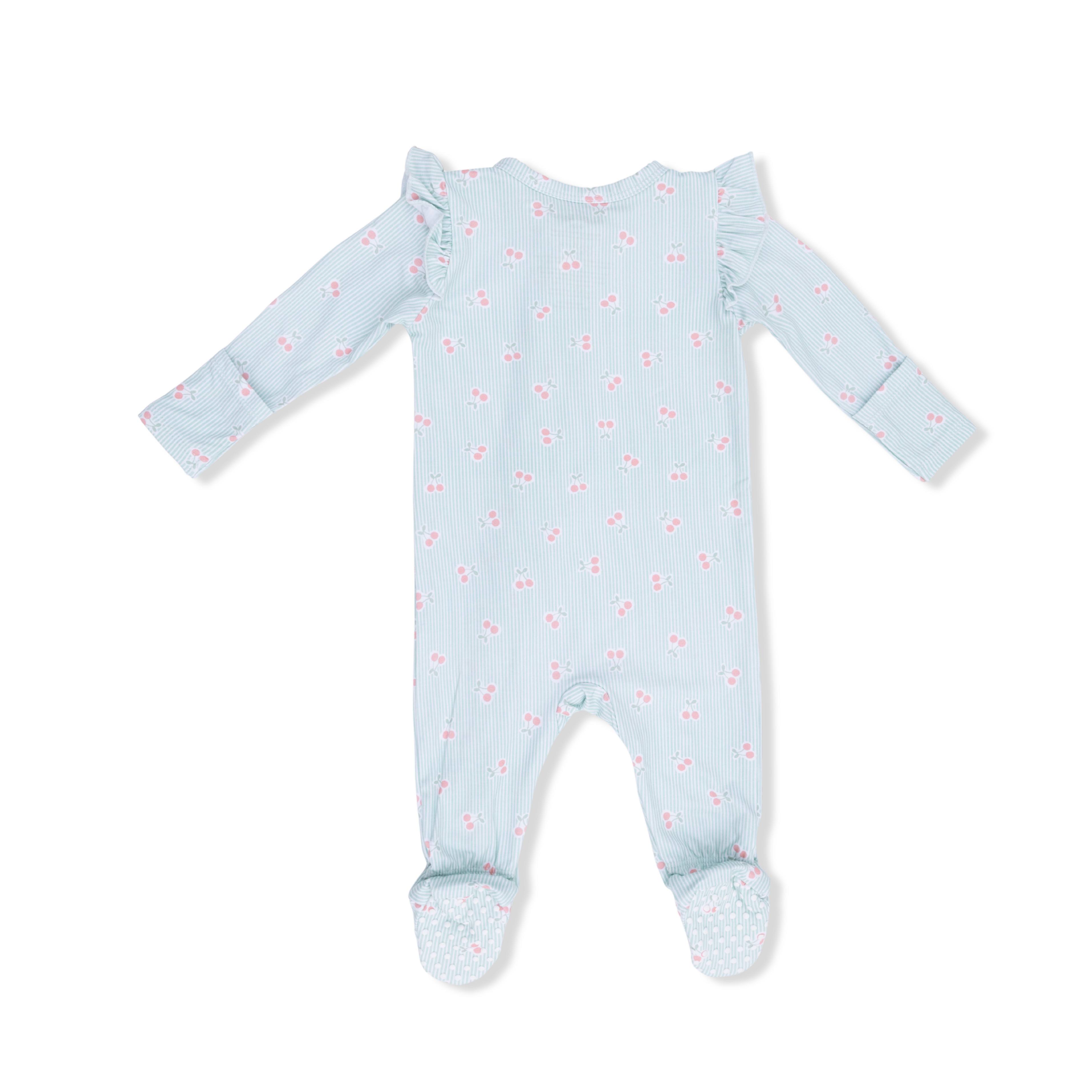 Tiny Cherry Stripe - 2 Way Ruffle Sleeve Zipper Footie